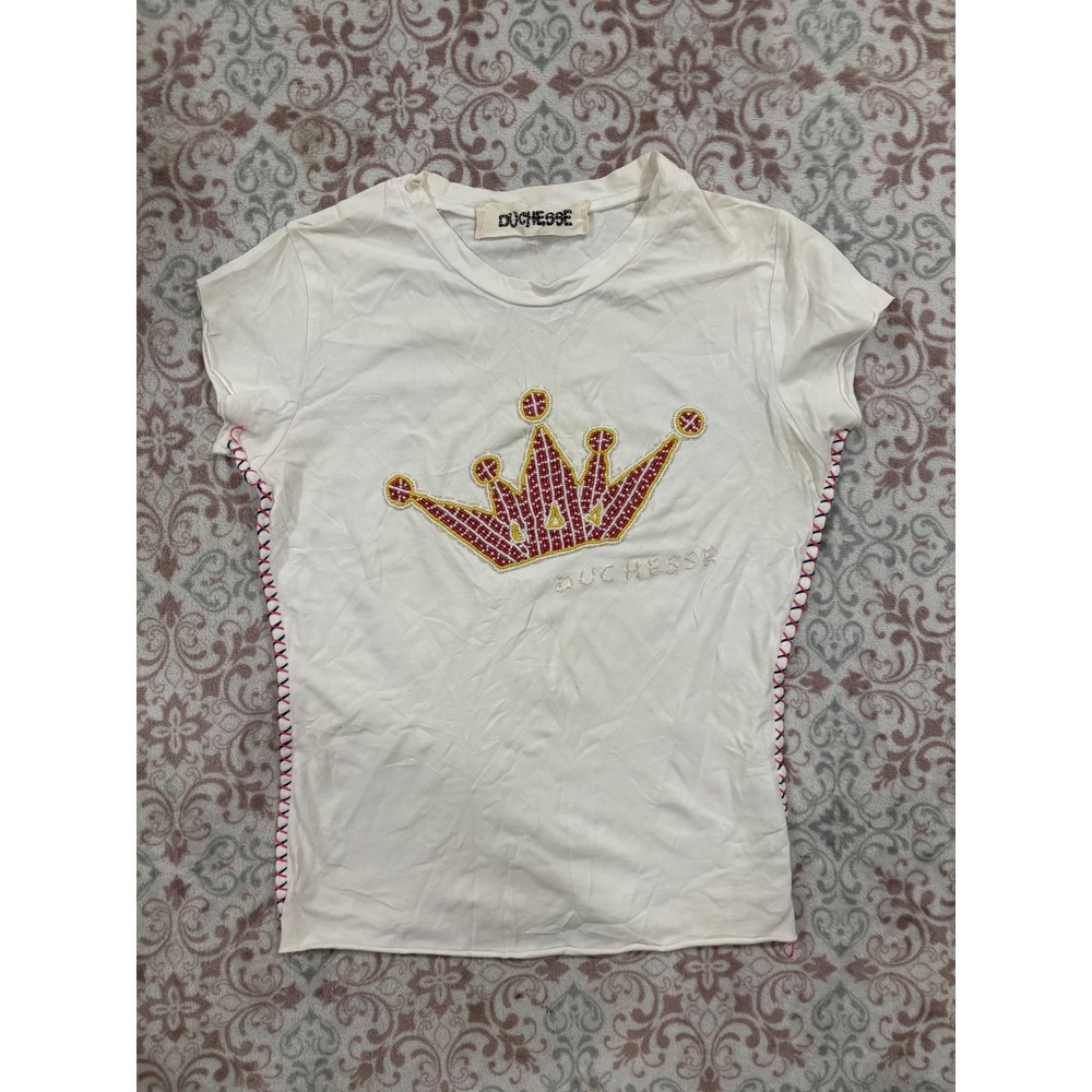 Duchesse White Cotton Beaded Crown Graphic Tee Whipstitch Side Detail Top
